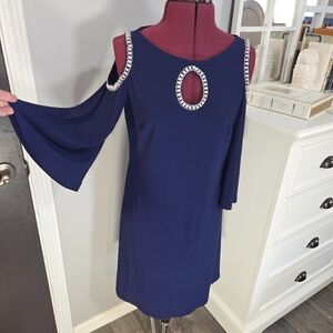 J.B.S. Navy Cold Shoulder Dress with Embellishments.  KKCP